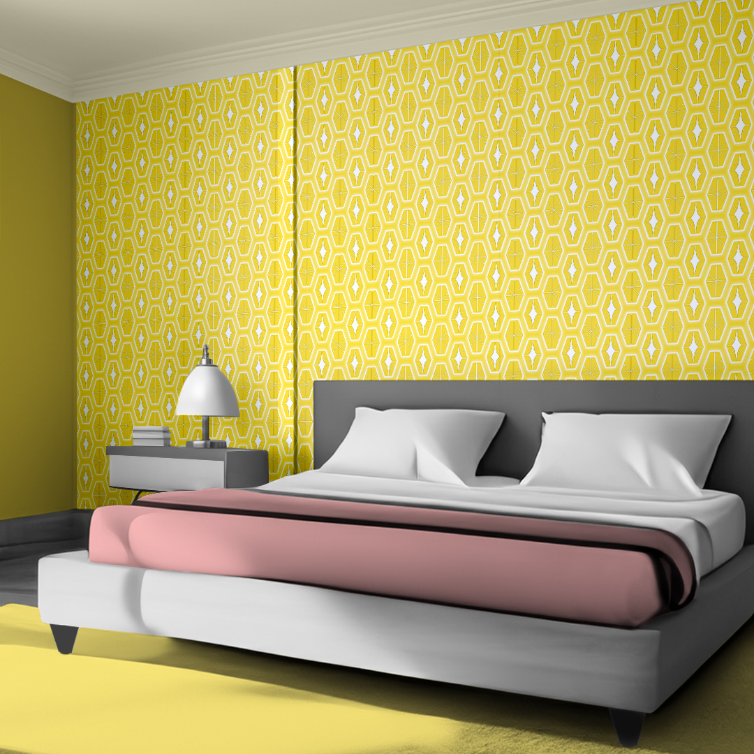 The artwork consists of a repeating geometric pattern featuring hexagonal shapes filled with two different designs. One design inside the hexagons includes a symmetrical starburst or asterisk-like figure with lines radiating from a central point, each line ending in a small circle. The other design features a white diamond shape with extended pointed ends within the yellow hexagon. These hexagons are outlined with a white border and set against a soft yellow background creating a vibrant, retro aesthetic. The use of yellow, white colors, along with the symmetrical arrangement, gives the pattern a mid-century modern, playful style.